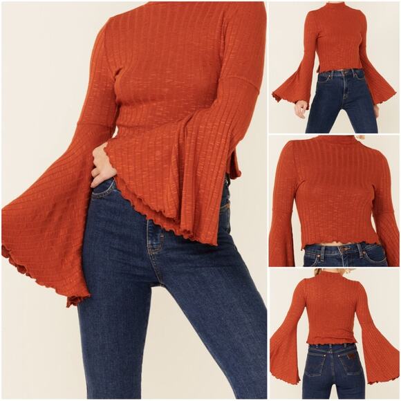 Shyanne Tops - SHYANNE Rib Knit Mock Neck Bell Sleeve Top | CAMEL Burnt Orange women's size XL